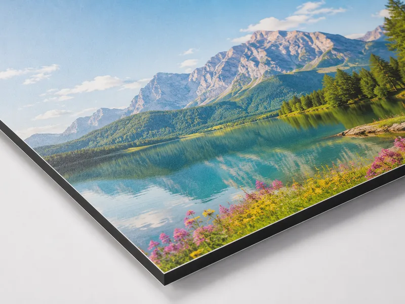 Klassisches Alu-Dibond-Wandbild mit Bergsee-Motiv und sichtbarer schwarzer Kante – Bilderdruck Hamburg