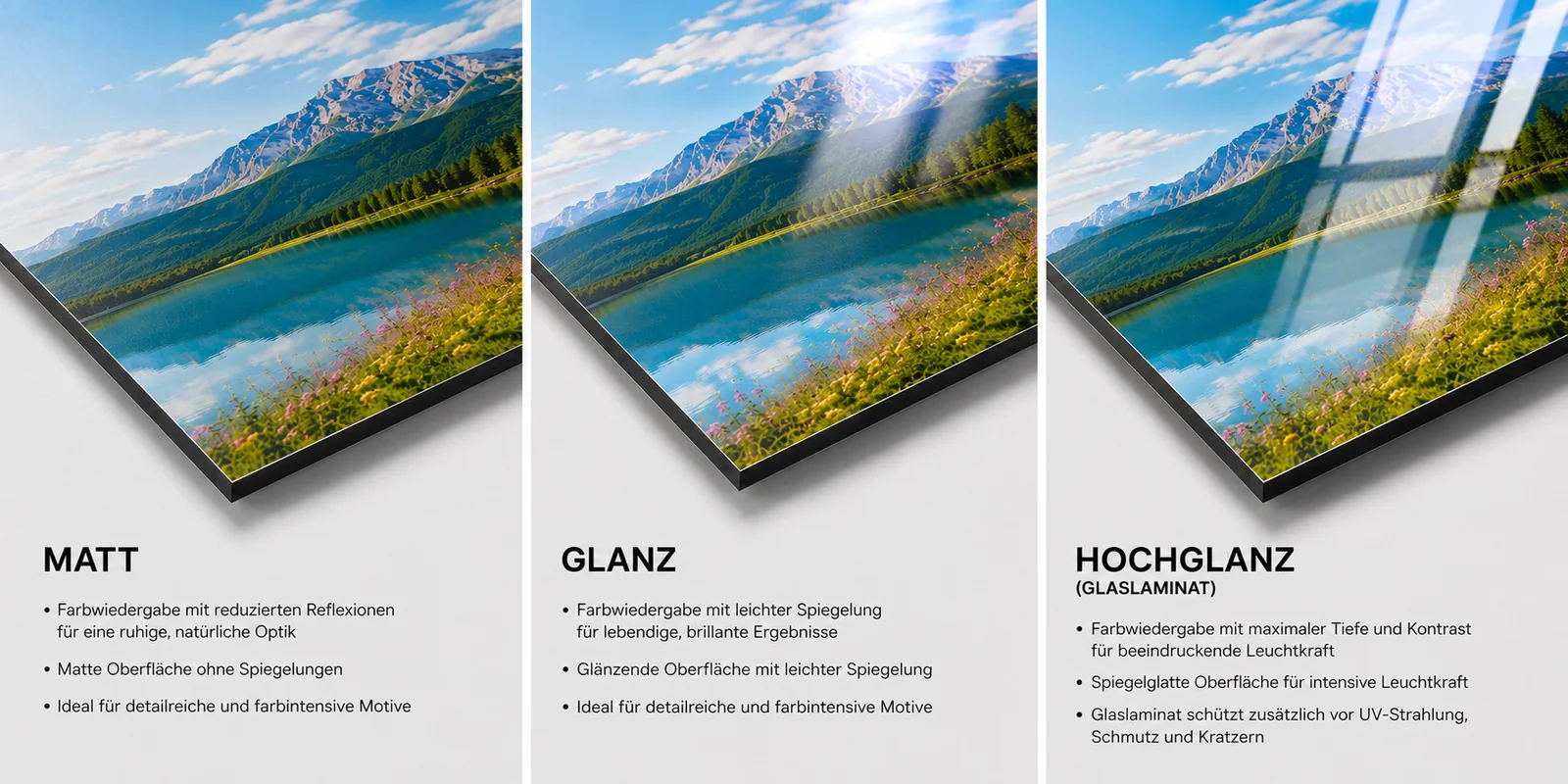 Vergleich der drei UV-Schutzlaminate auf Alu-Dibond – matt, glanz und hochglanz Glaslaminat im direkten Vergleich – Bilder Manufaktur Hamburg