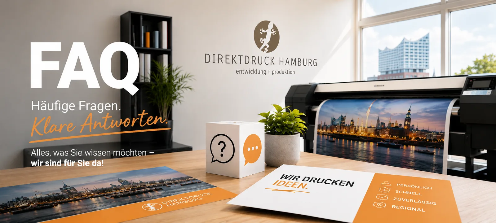 FAQ – Häufige Fragen, klare Antworten: Direktdruck Hamburg, Großformatdrucker mit Hamburg-Skyline