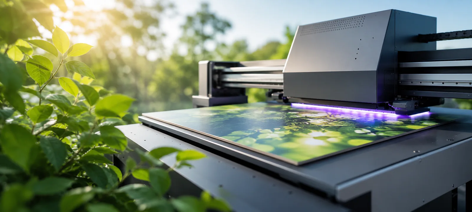 Lösemittelfreier UV-Direktdruck in Hamburg – UV-Flachbettdrucker druckt ein farbiges Motiv direkt aufs Material, umgeben von Grün